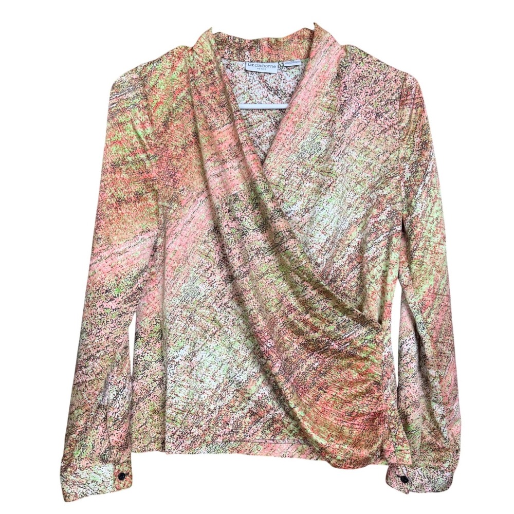 Liz Claiborne Faux Wrap Blouse Cabana Coral Multi Abstract Spring Easter Chic PS